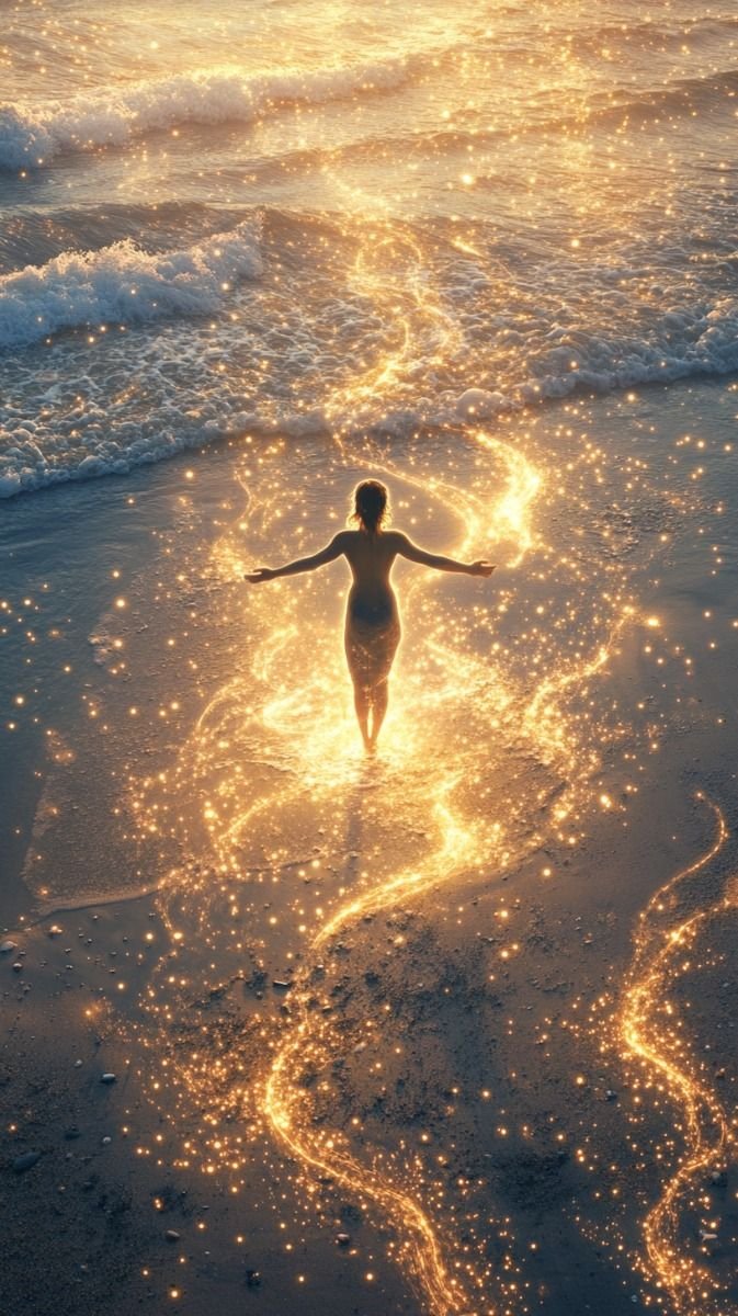 Une femme sur la plage, entourée d'effets lumineux et scintillants comme des étincelles dorées, créant un tracé magique derrière elle avec la mer en arrière-plan au coucher de soleil.