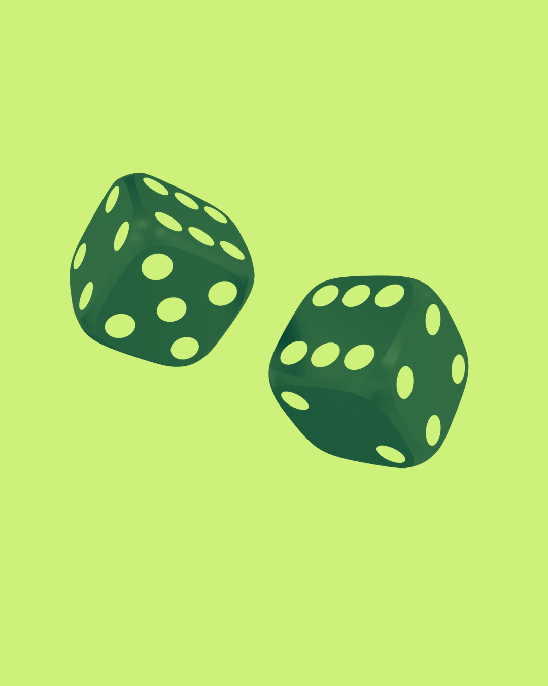 Two green dice with yellow dots on a light green background.