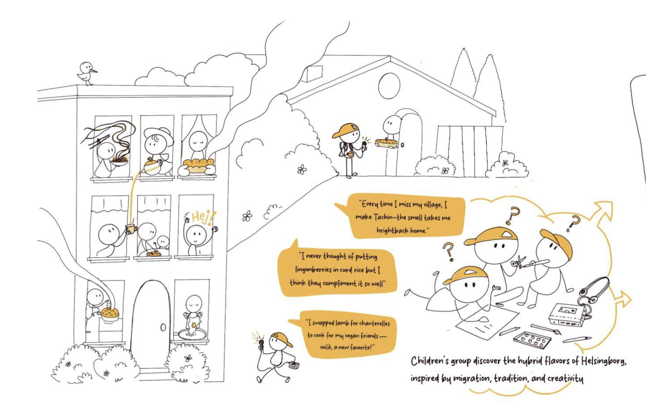 Children's group discovering hybrid flavors of Helsingborg, inspired by migration, tradition, and creativity, shown as a black-and-white illustration with orange speech bubbles and accents, featuring kids mixing and tasting food, with some on balconies, windows, and a yard, expressing thoughts about food and home.