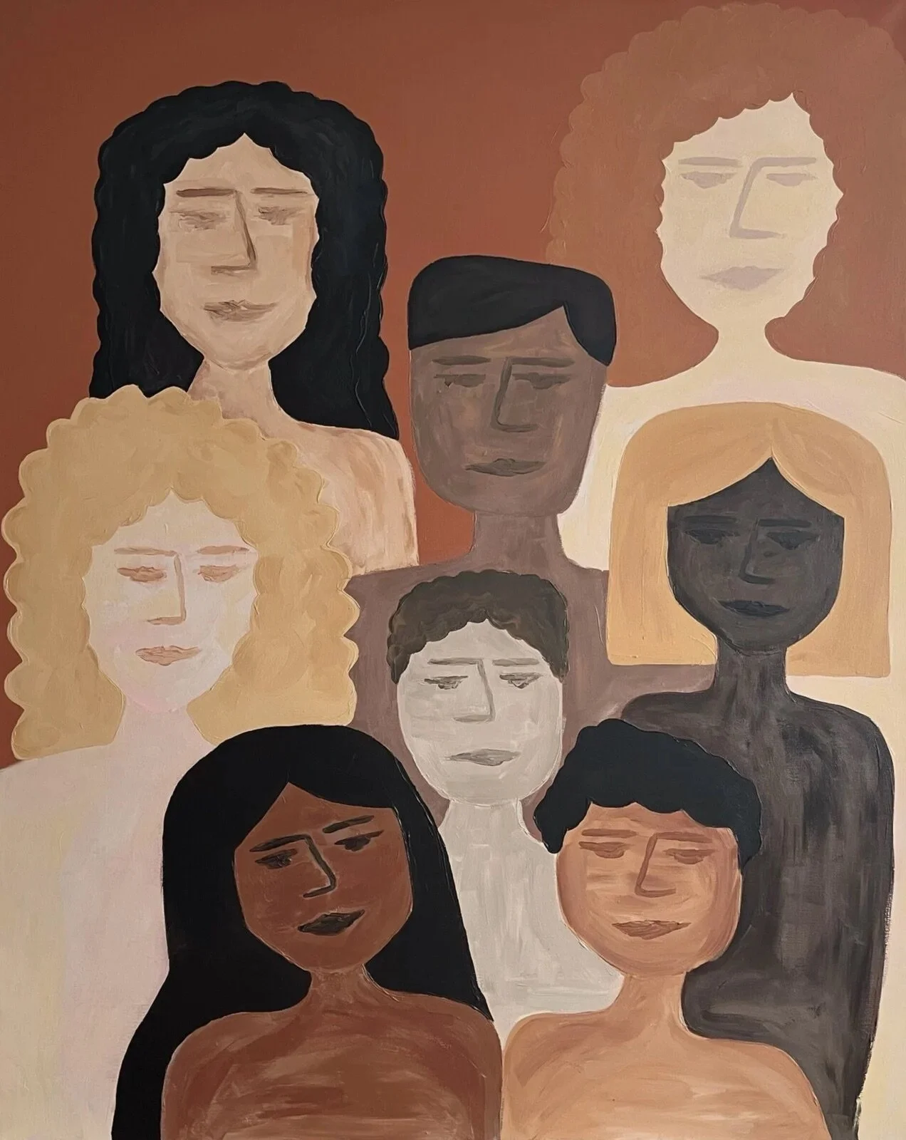 Painting of diverse women with different skin tones and hair types, all with closed eyes and neutral expressions, arranged in a group against a warm background.