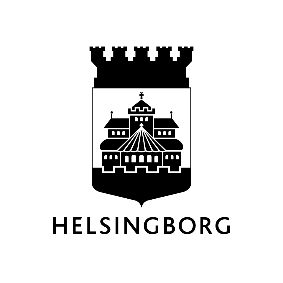 A black and white emblem featuring a castle with multiple towers and a central building, topped with a crown and shield, with the word 'Helsingborg' below.