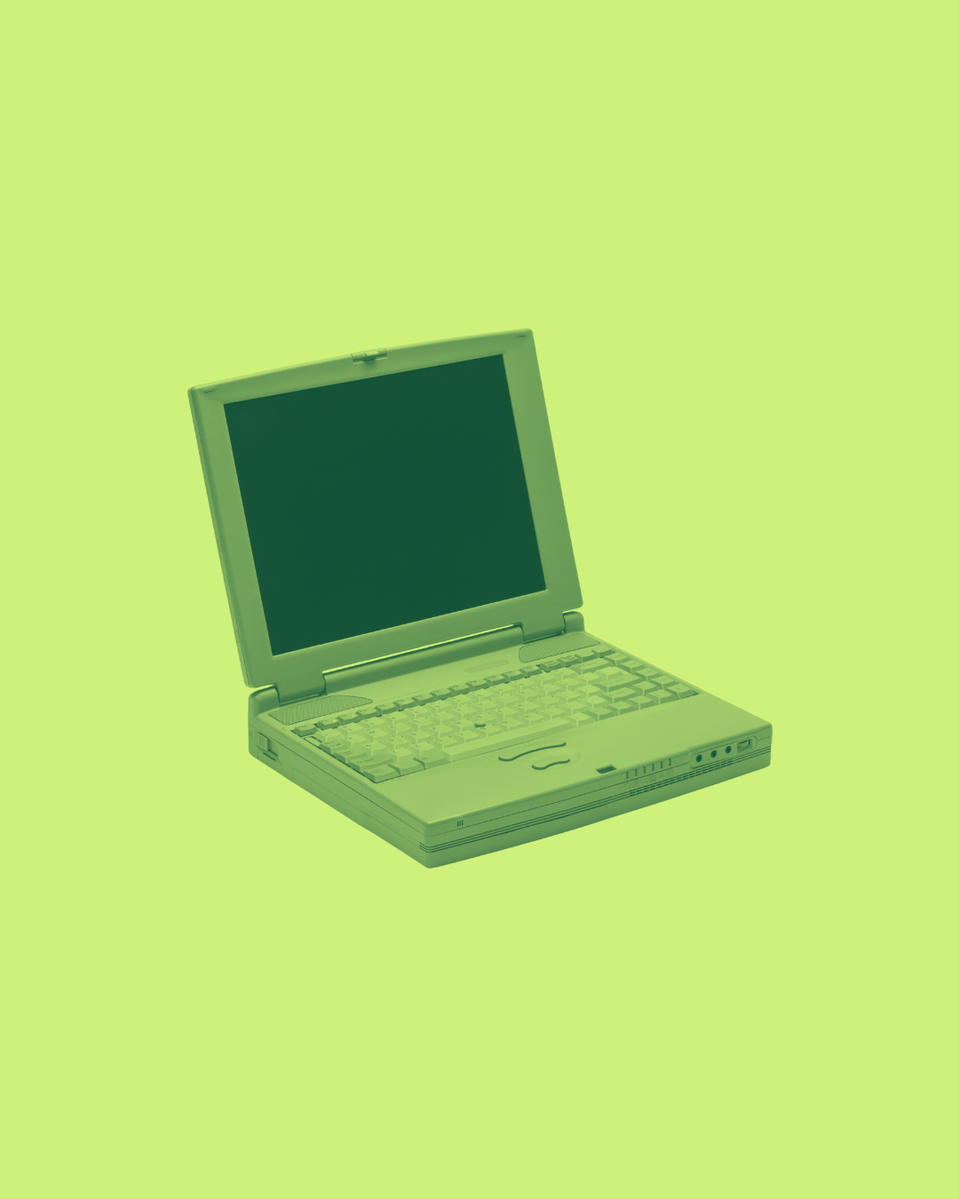 An old laptop computer with a monochrome screen on a bright yellow-green background.