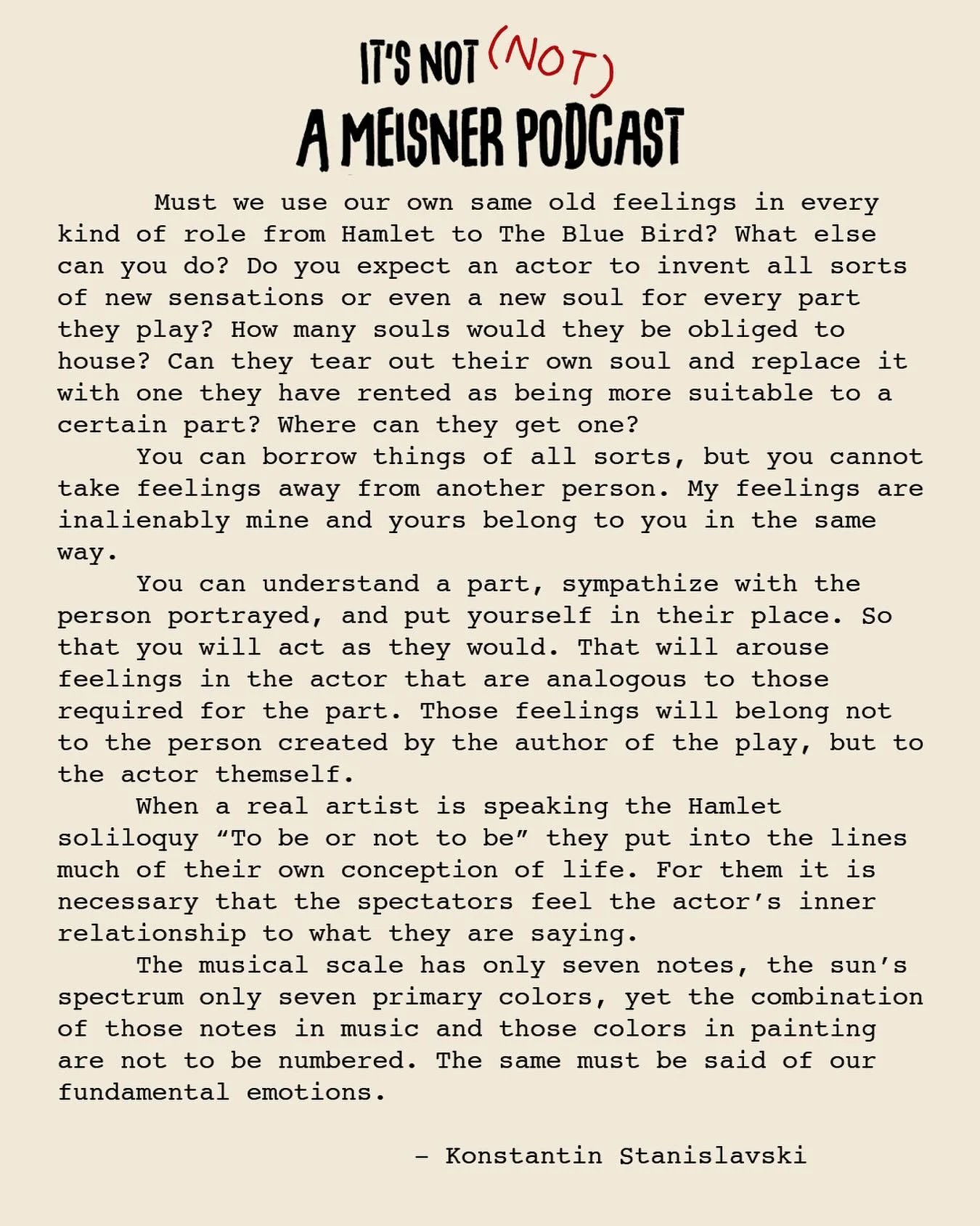 🚨AVAILABLE TOMORROW🚨

In S2, EP02: &ldquo;The Actor&rsquo;s Own Soul,&rdquo; Kevin &amp; Carson breakdown this quote from Stanislavski. 👆

🎧 Pre-save now on all streaming platforms!

Stay tuned for more&hellip; 🤫

#meisnerpodcast #moscowarttheat