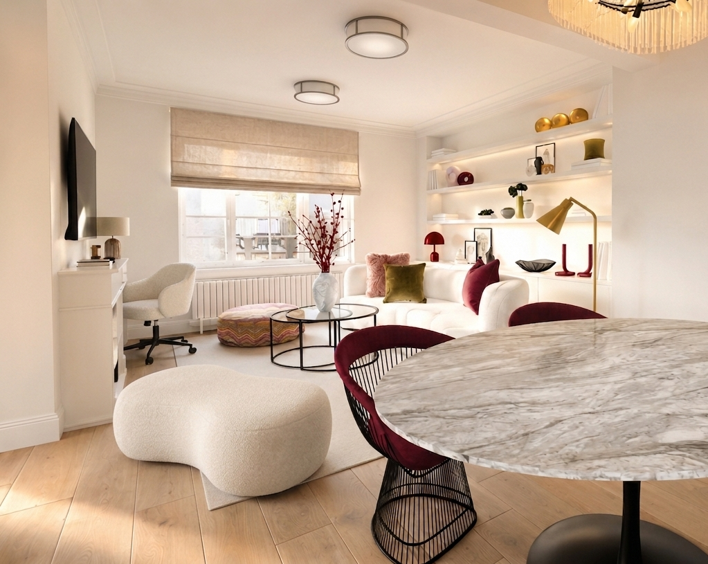Living room with a white sofa, colorful cushions, a marble dining table, a bookshelf with decorative items, and a window with a beige Roman shade.