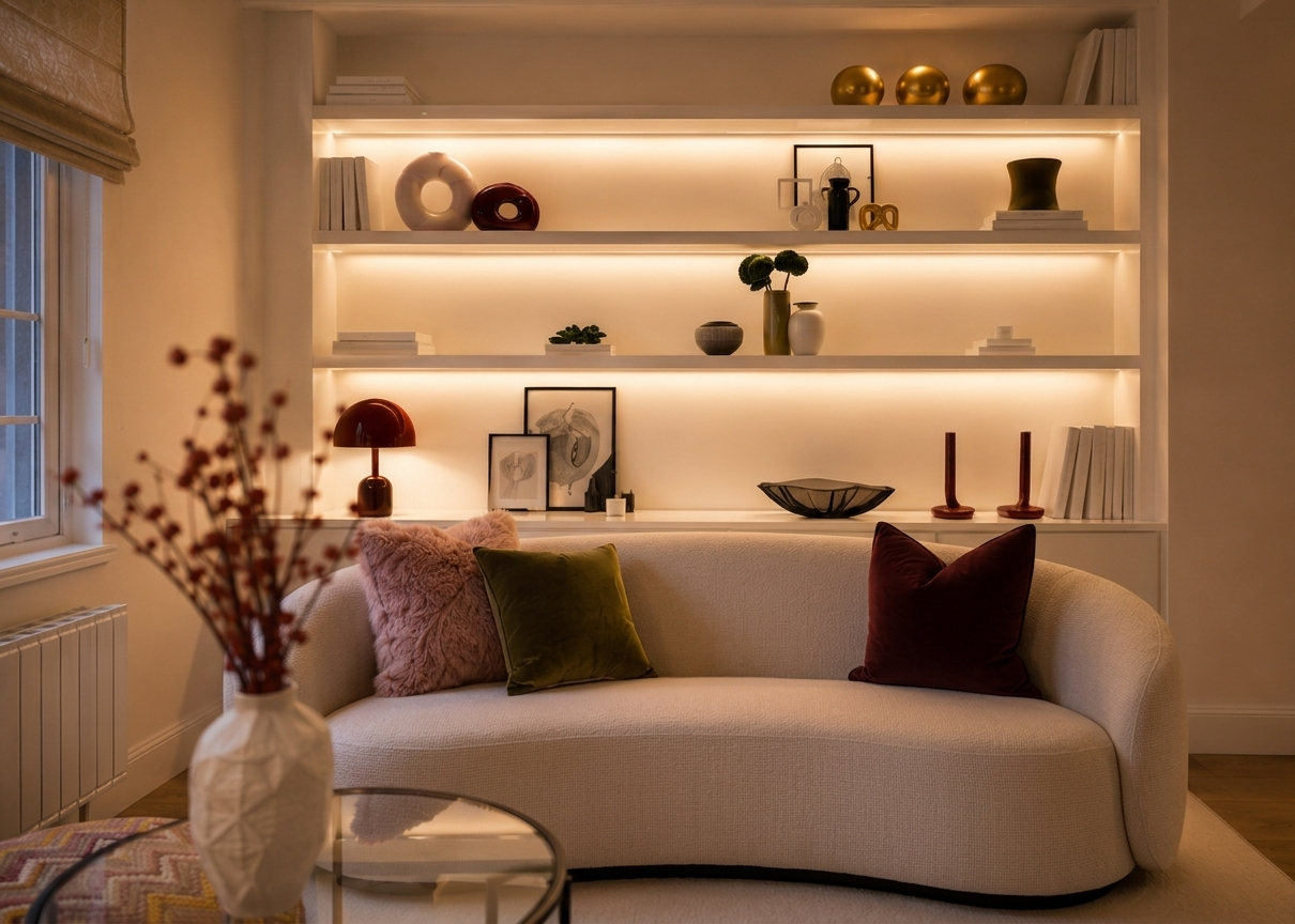 A cozy living room with a white curved sofa decorated with pink, green, and burgundy pillows. A vase with dried flowers is on a small round glass table in front. Behind the sofa, a built-in white bookshelf with warm lighting houses decorative objects