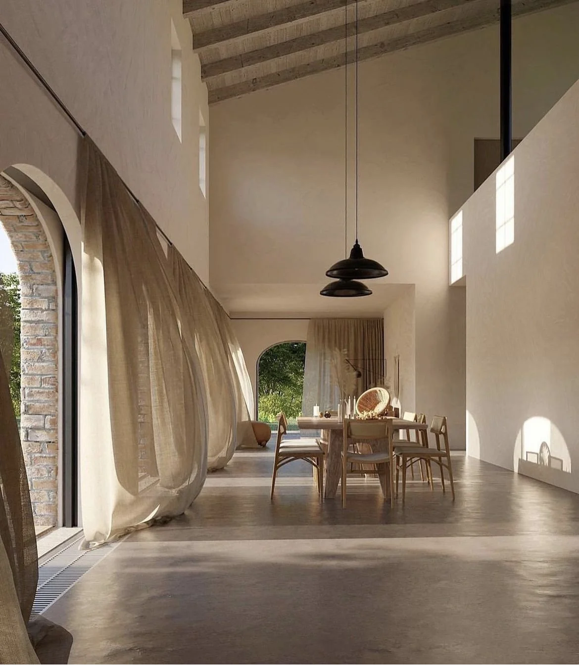 living room interior micro cement floor with linen curtains