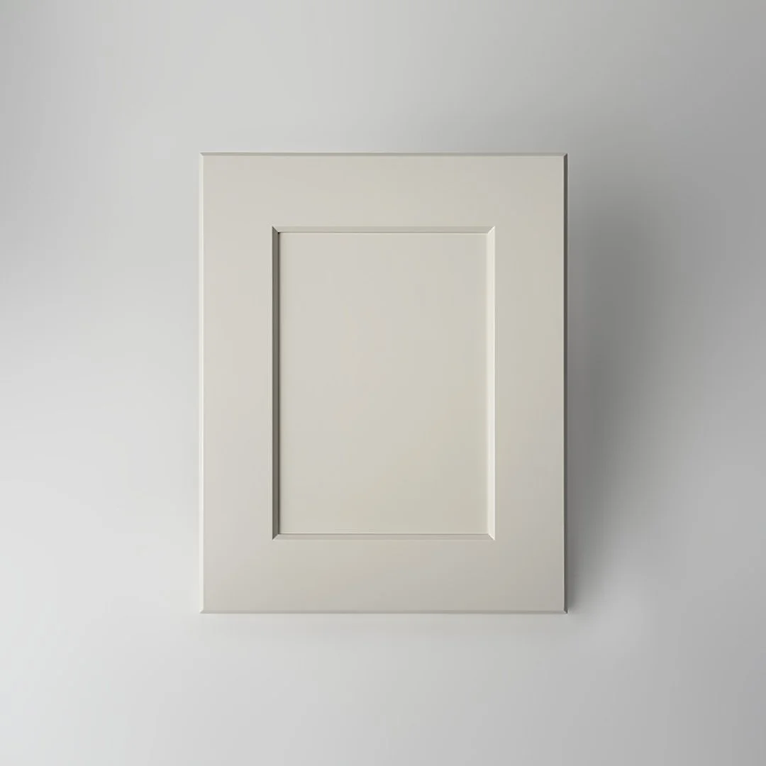 White recessed panel cabinet door product photo on gray background