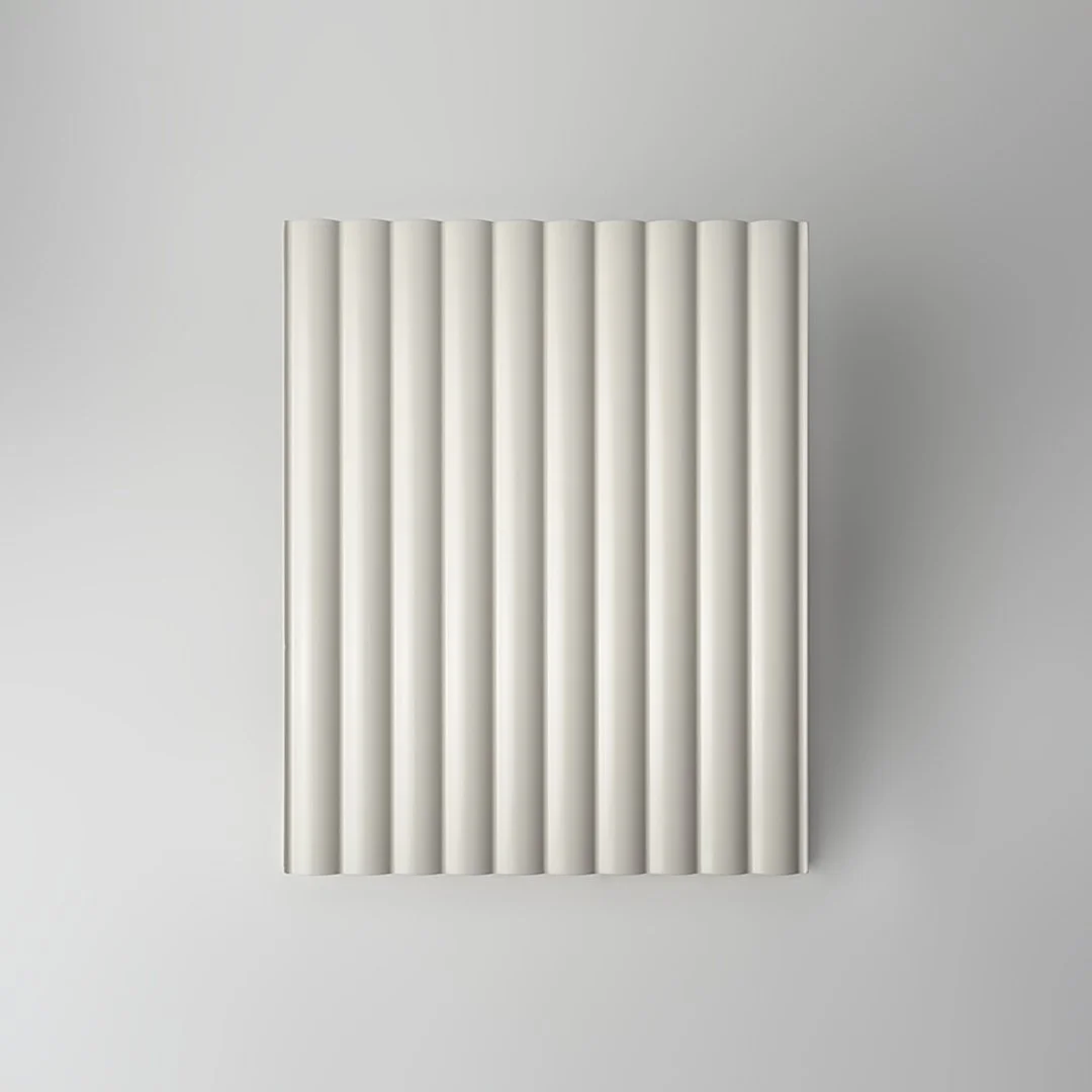 White tambour cabinet door product photo on gray background