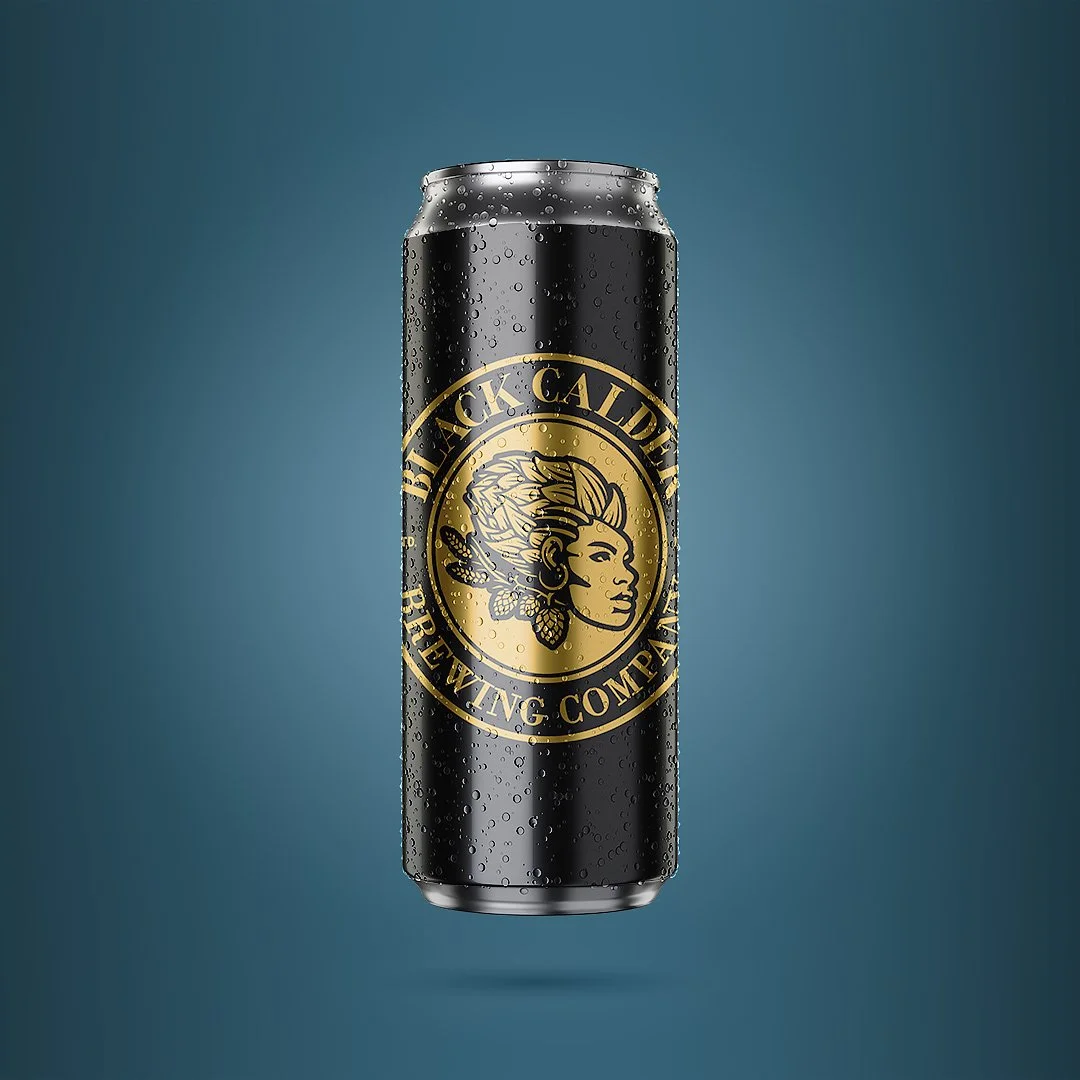 Beverage can product image with condensation on a blue gradient background, clean commercial lighting