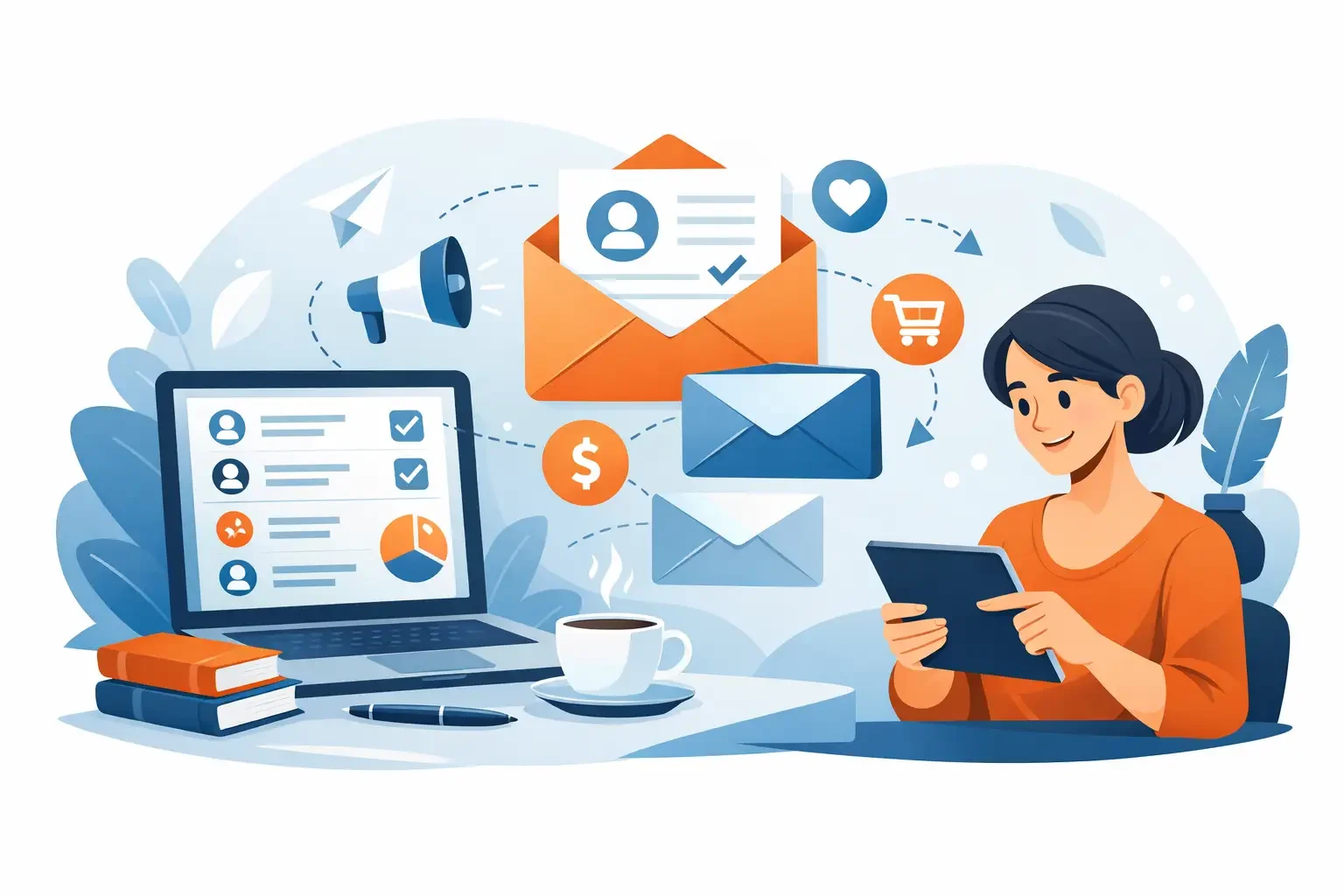 Illustration of a woman using a tablet with email, social media, shopping, and finance icons surrounding her, along with a laptop, books, a pen, and a cup of coffee on the desk.