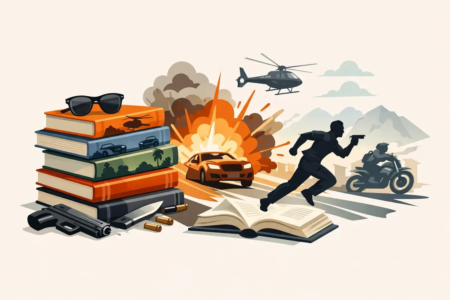A digital illustration depicting a chaotic scene with an explosion, racing cars, a helicopter, a motorcycle, and armed individuals. In the foreground, a stack of books with sunglasses on top, along with guns and bullets.