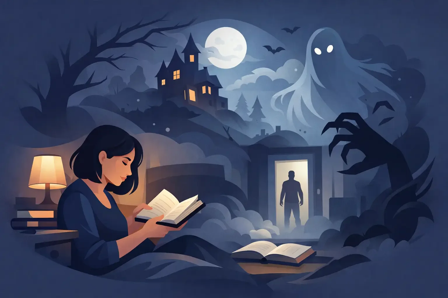 An illustration of a woman reading a book in a cozy room at night, with a scary ghostly figure outside, a haunted house on a hill, a large moon, and bats flying in the sky.