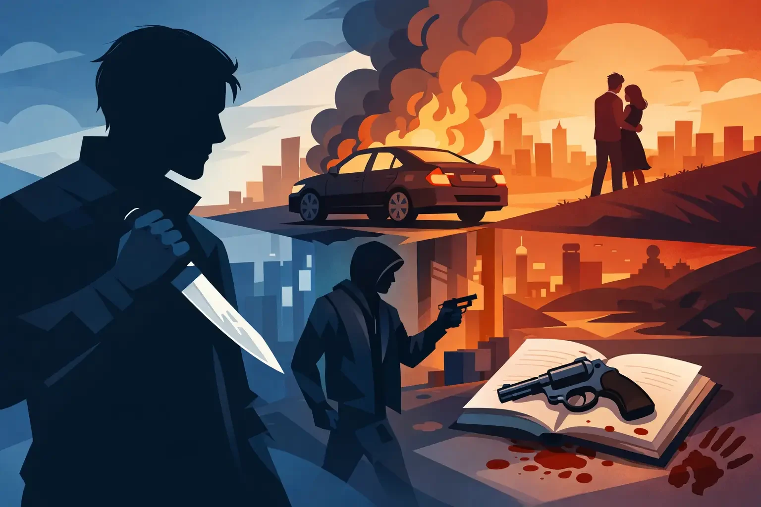 Illustration of a city with a car on fire, a couple in an intimate pose during sunset, a man with a gun, and a book with a gun and bloodstains, with dark and dramatic tones.