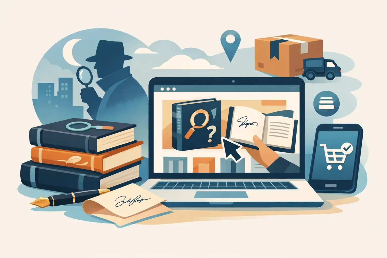 Digital illustration of an online investigation process with a laptop screen displaying a magnifying glass, a book with a signature, a smartphone showing a shopping cart, and various delivery icons. Background shows a detective silhouette with a magnifying glass and cityscape at night.