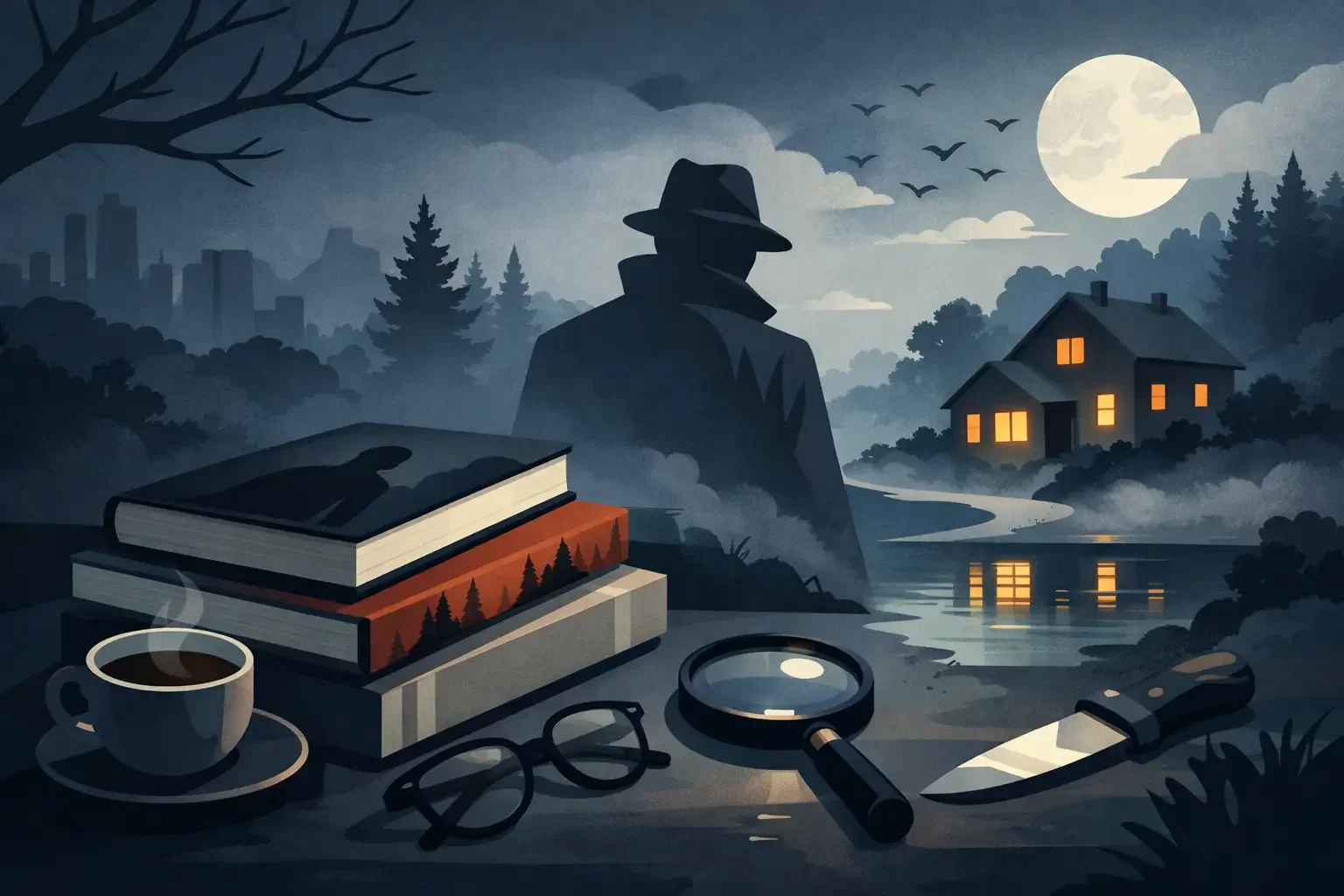 Night scene with books, coffee, glasses, magnifying glass, and knife on a table in foreground. Silhouette of a mysterious man with a hat in a wooded area near a river with a house, trees, a full moon, and birds flying in the background.