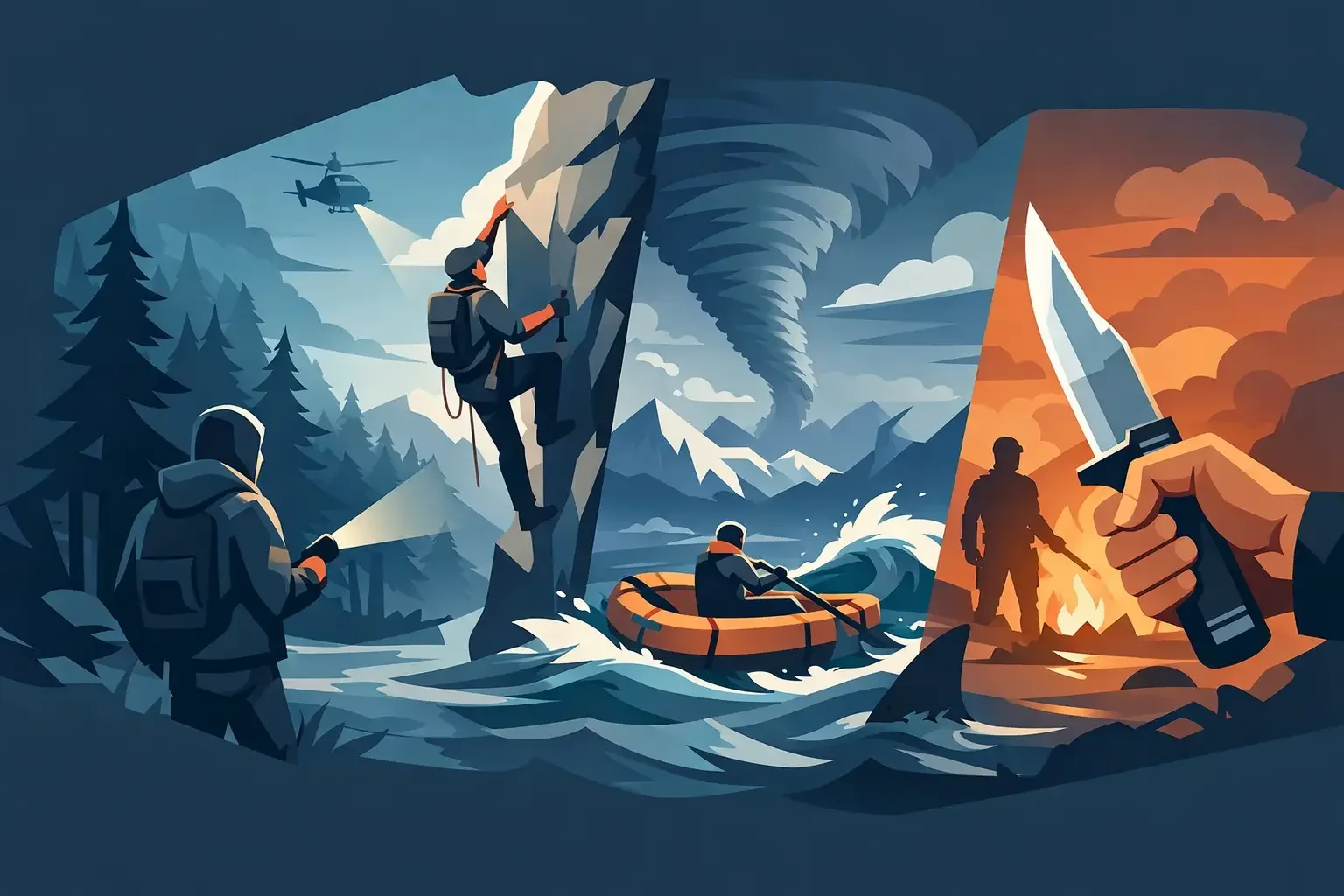 Illustration of a mountain rescue scene with a diver swimming in the water, a climber scaling a mountain, crew members with flashlights, a helicopter flying above, and a person holding a knife near a fire at sunset.
