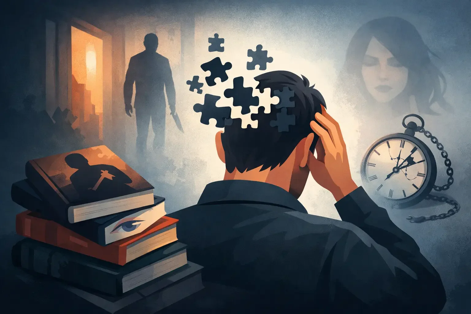 A person with puzzle pieces above their head sitting at a desk, holding their head in distress. There is a stack of books with a silhouette of a person on the cover, a clock showing around 2:12, and faint images of a woman and a man in the background.