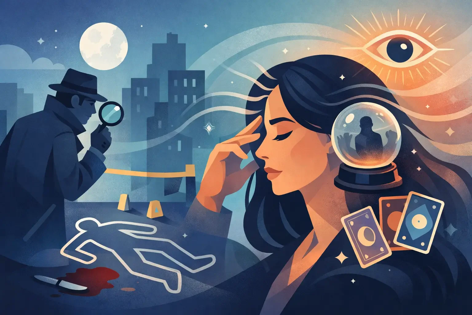 A woman with tarot cards and a crystal ball appears lost in thought as a detective investigates a crime scene with a body and bloodstains outside at night, under a full moon.
