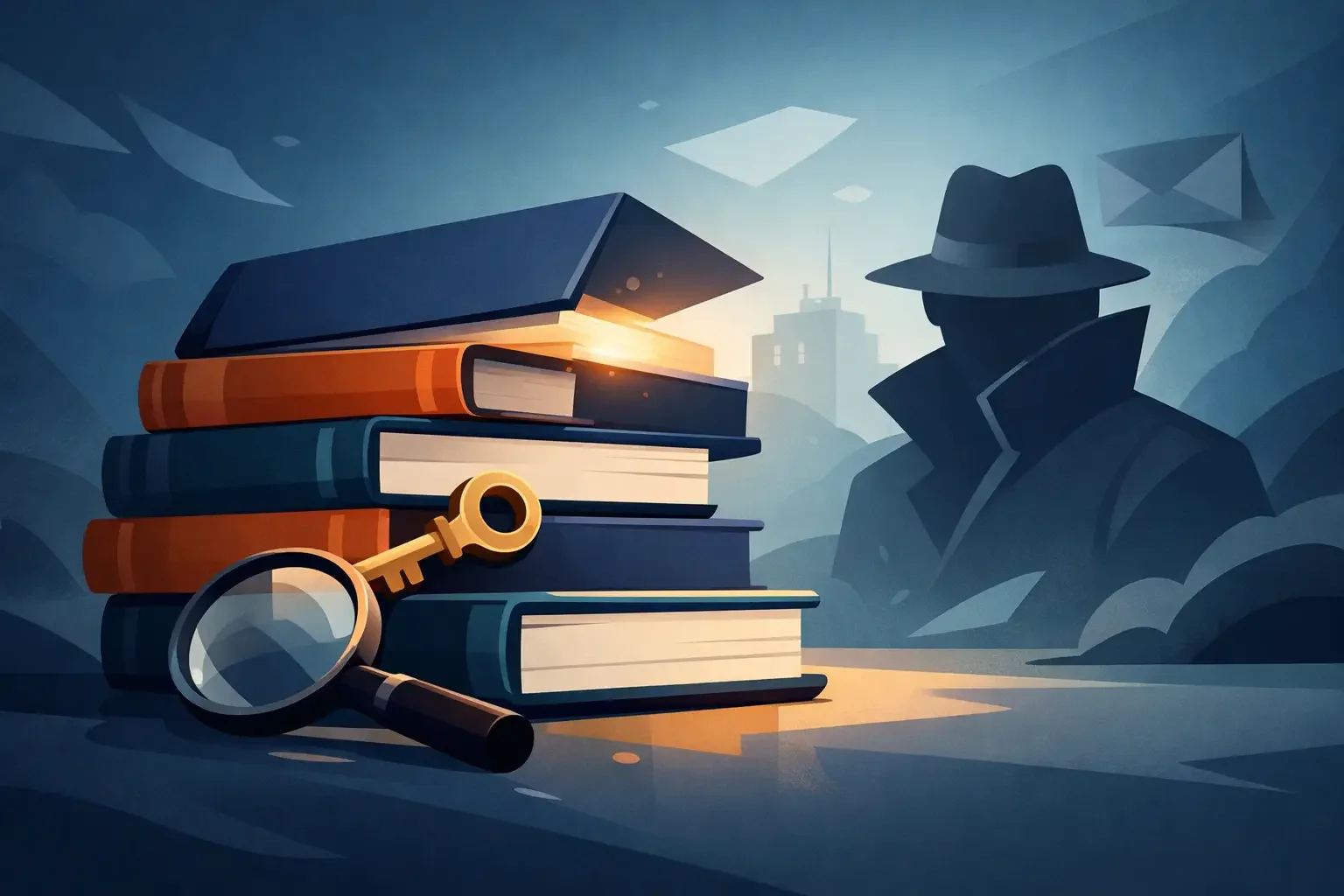 A stack of books with a magnifying glass and key on top, set against a cityscape background with a mysterious figure wearing a hat and coat, and flying envelopes and papers in the sky.