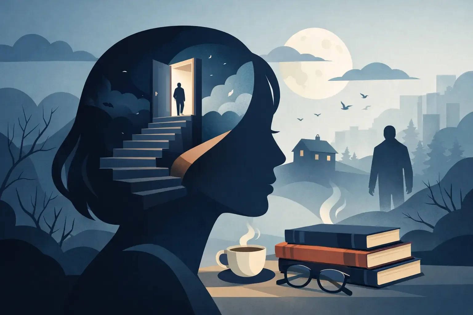 Silhouette of a woman's head with a staircase inside leading to an open door. Outside, there is a man walking, a full moon, birds flying, and a small house among trees. On a table in the foreground, there are three books, a pair of glasses, and a steaming cup of coffee.