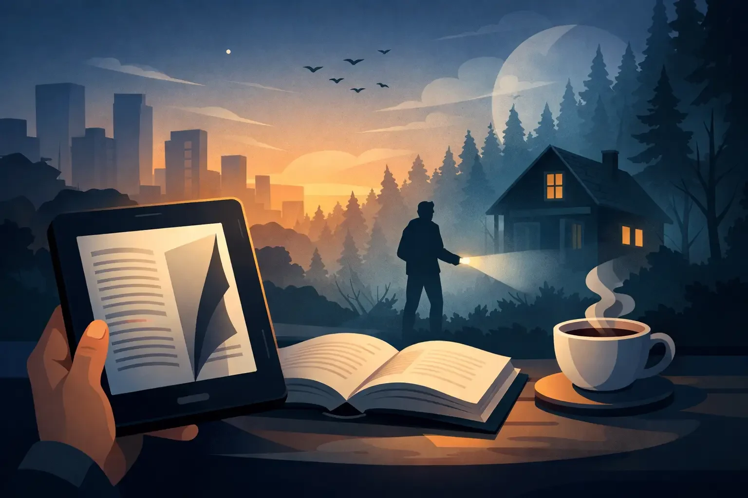 A person holding a tablet with a sailboat on the screen, an open book, and a steaming cup of coffee on a table. In the background, a silhouette of a person with a flashlight leads to a house in a forest, with city buildings, a setting sun, and a starry sky beyond.