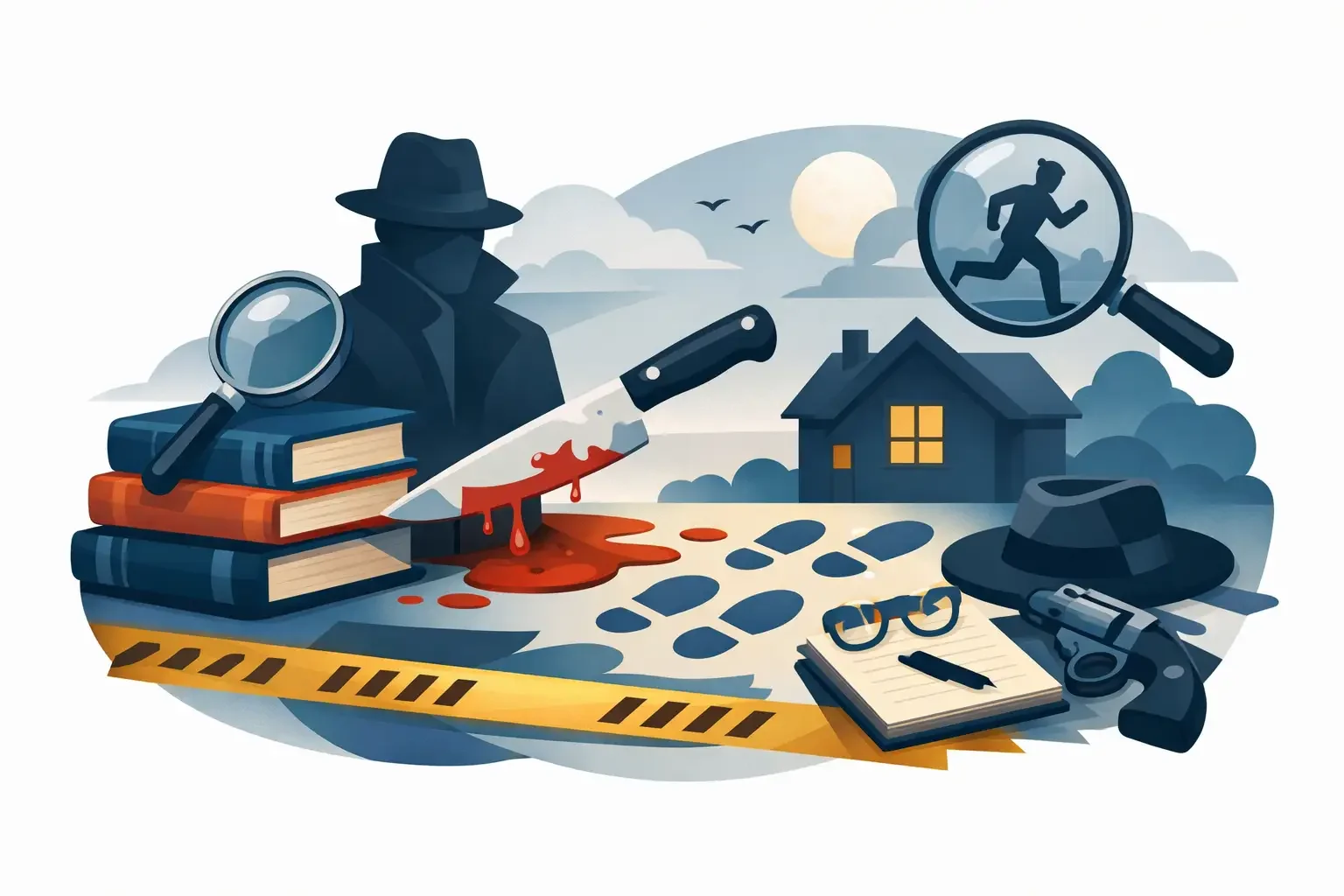 Illustration of crime scene investigation with a detective, blood-stained knife, house, forensic tools, handcuffs, gun, and crime scene tape, set during dusk or dawn.