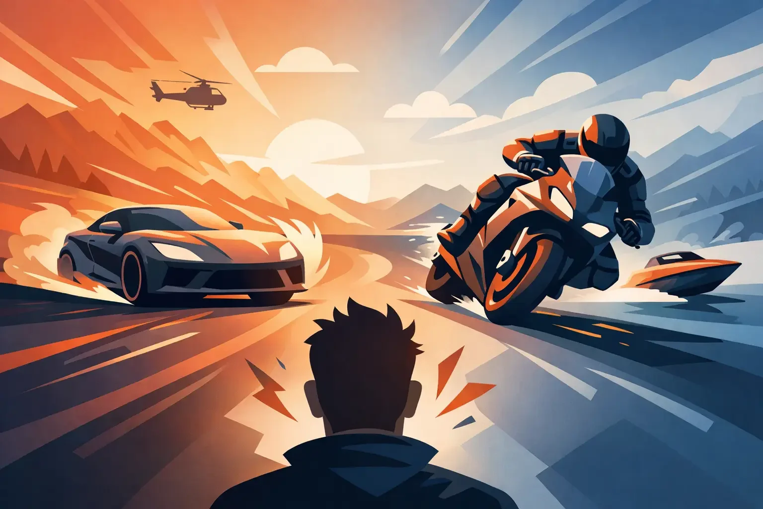 A stylized illustration of a racing scene with a person watching from behind, with a sports car and a motorcycle speeding on a mountain road at sunset, and a helicopter flying in the sky.