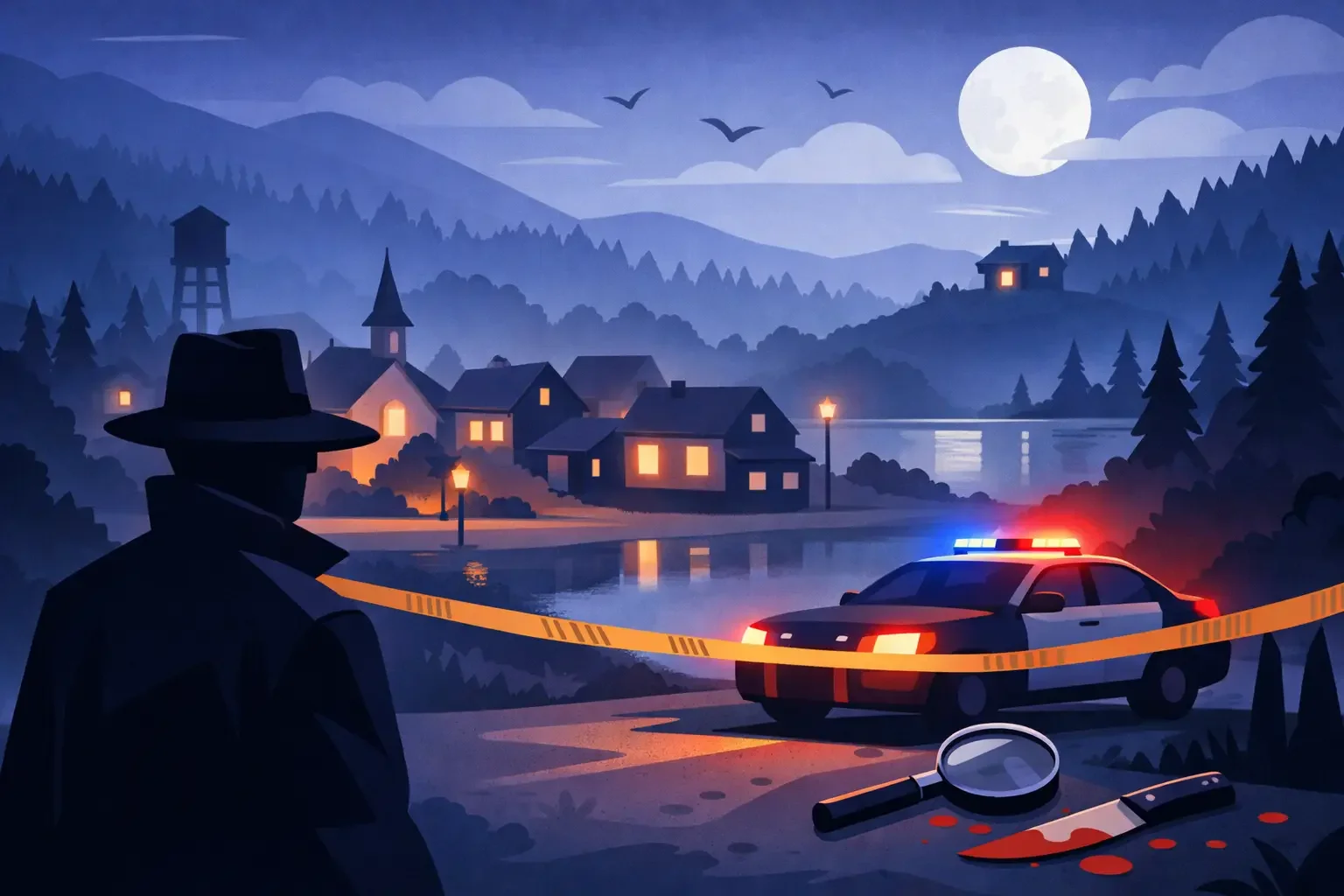 Nighttime scene of a police investigation near a lake in a small village with mountains, forest, full moon, and birds. A police car with flashing lights, police tape, a bloodied knife, and a magnifying glass are visible in the foreground.