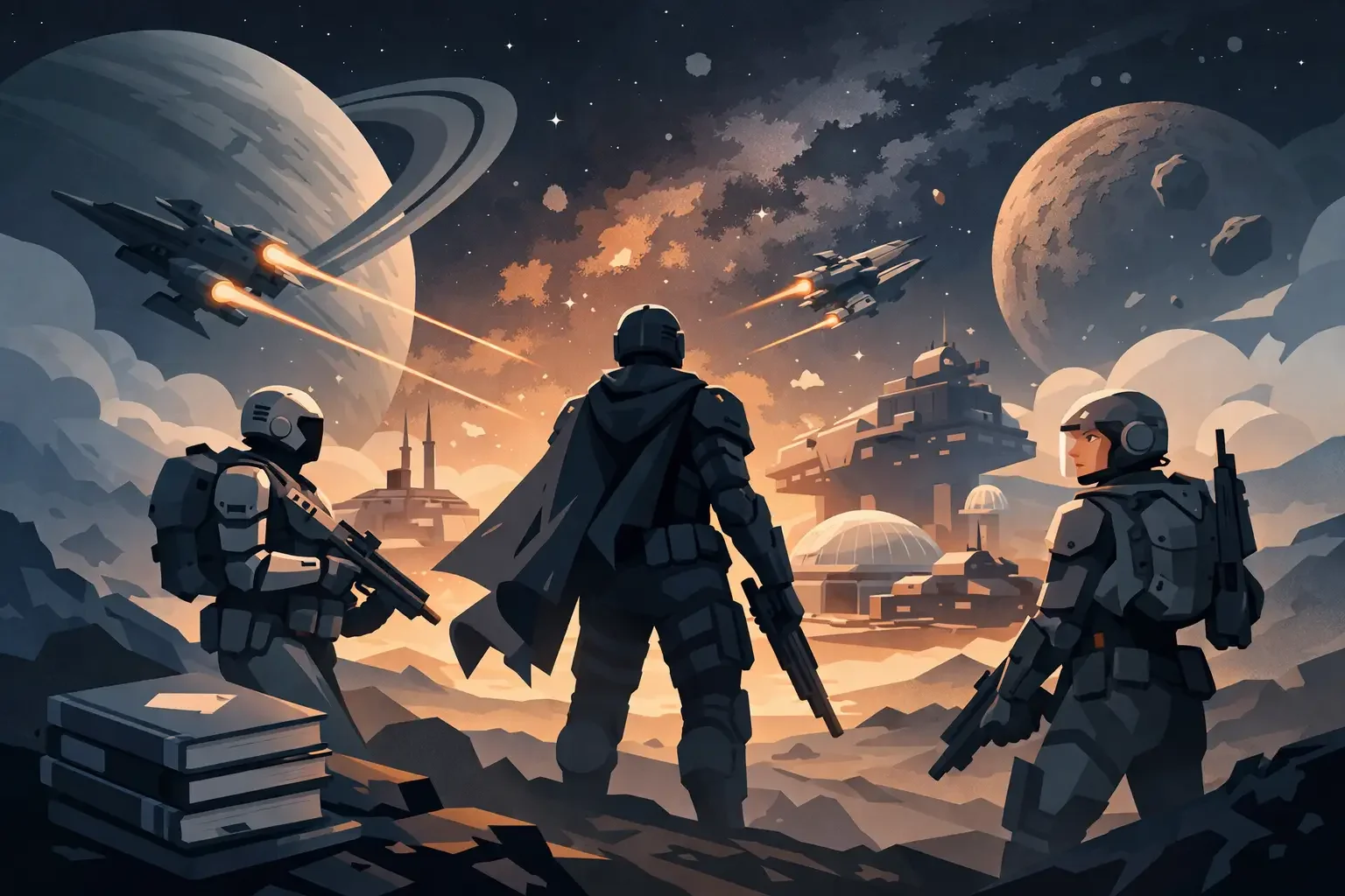 Futuristic soldiers with armor and weapons stance on alien terrain, facing an aerial battle with spaceships and planets in space.