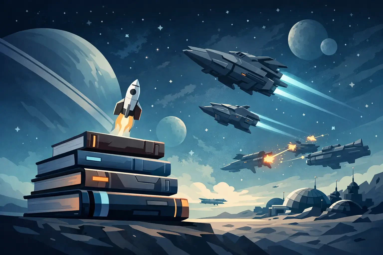 Digital illustration of a futuristic space scene with a rocket launching from a stack of books on a rocky surface. Several spacecrafts are flying in the background with planets and stars in the sky.