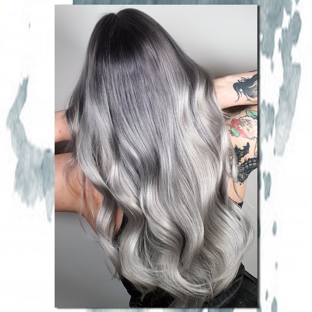 🐺Slate Grey Blends🐺⁠
Anna's platinum hair was bleached &amp; toned to a stunning grey this time, melting from dark slate grey towards a bright and lighter steel grey colour. ⁠
But let's be real &ndash; it's not for the faint of heart.⁠
🔍Maintainin