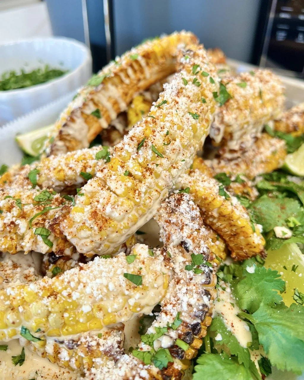 Creamy Queso Elote Corn Ribs (Air Fryer Recipe)