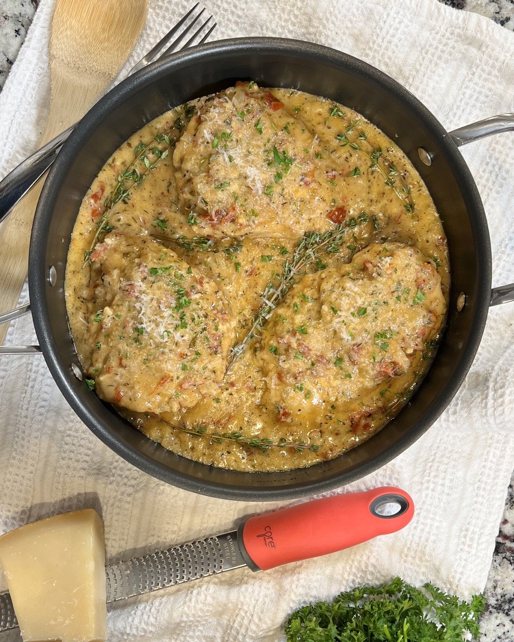 Top view of Marry Me Chicken in a pan