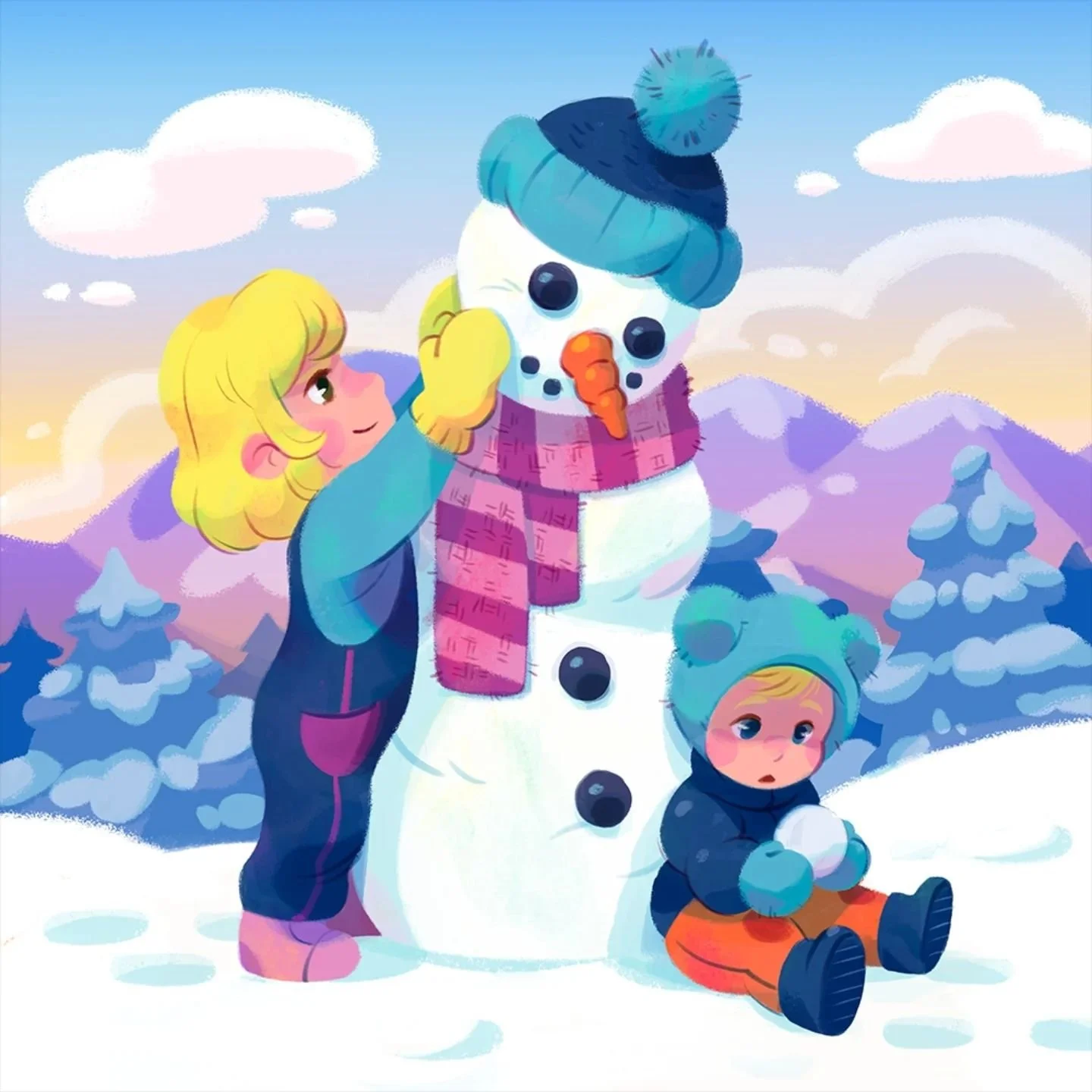 I know it's almost 🦃 day but I'm ready for the snow artwork! ⛄ Loosely based on real life. 

#myart #illustrationart #illustration #cuteart #buildasnowman #kidlitillustration #kidlitart #digitalart #drawing #winterwonderland