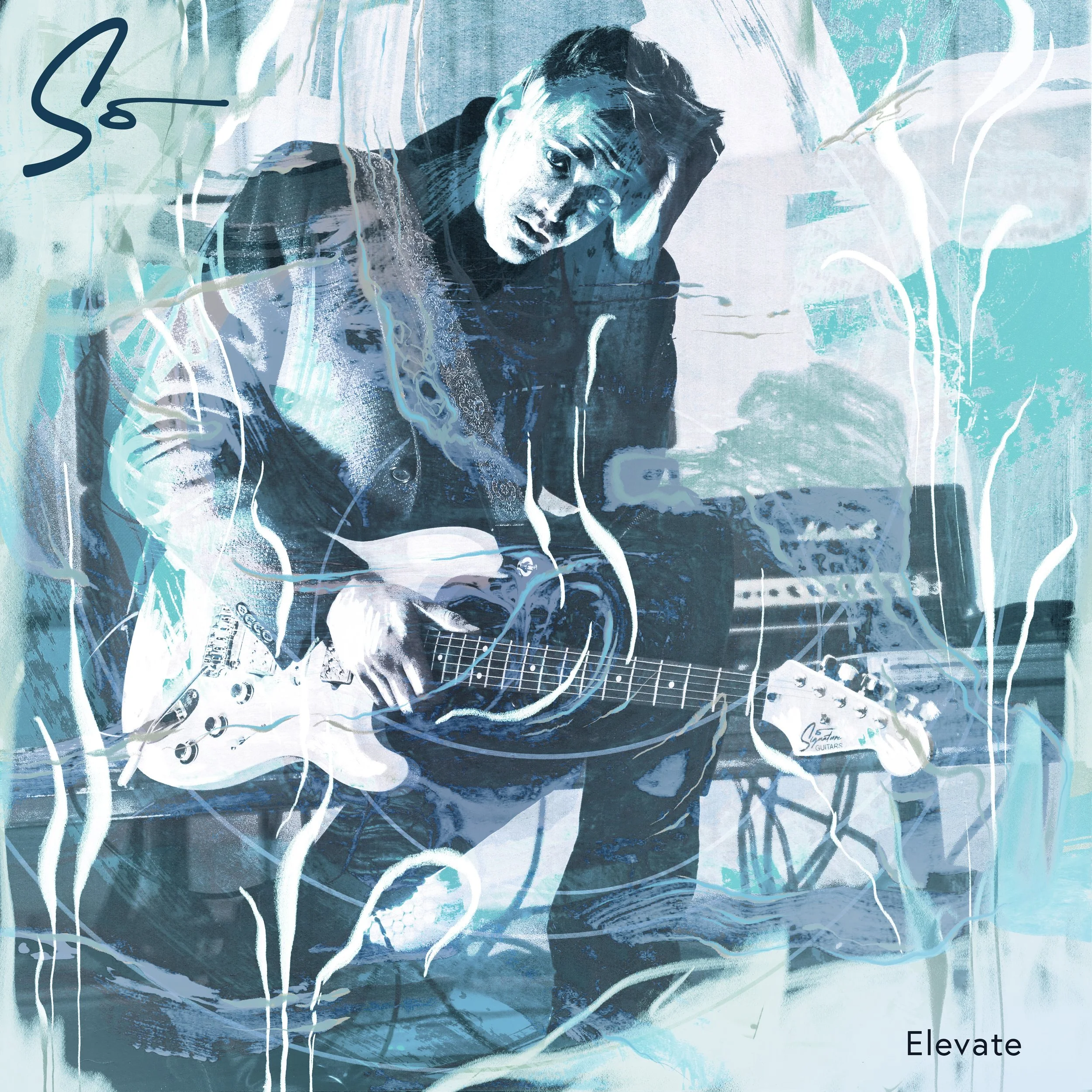 A digitally stylized illustration of a man playing an electric guitar with a background that has abstract, flowing lines in shades of blue and white. The word 'Elevate' is written in the bottom right corner.