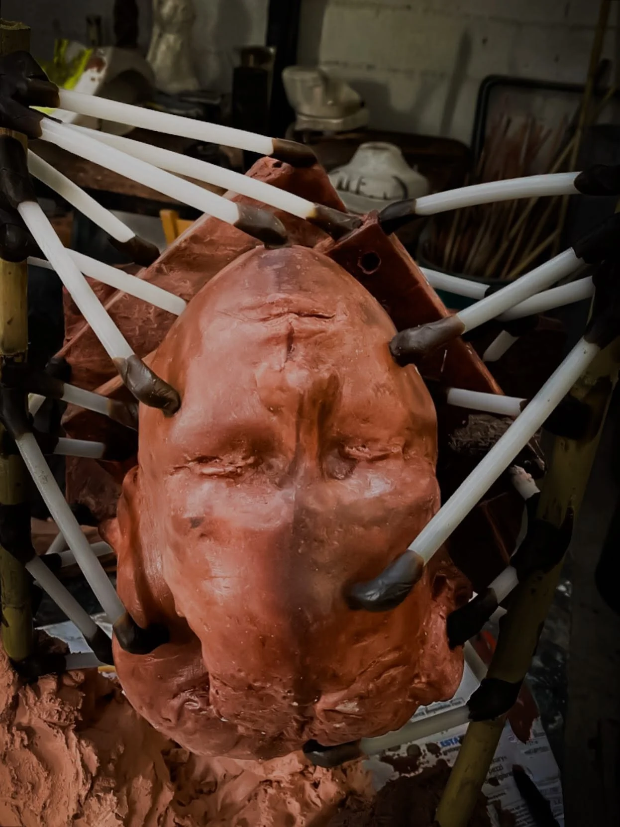 One of the two faces from the work in progress &ldquo;L&rsquo;Anima Athena,&rdquo; 2025 in the process of lost wax casting into bronze at the @fonderia_artisticalarte in Pietrasanta. The white wax tubes will become the gateways for the molten metal o