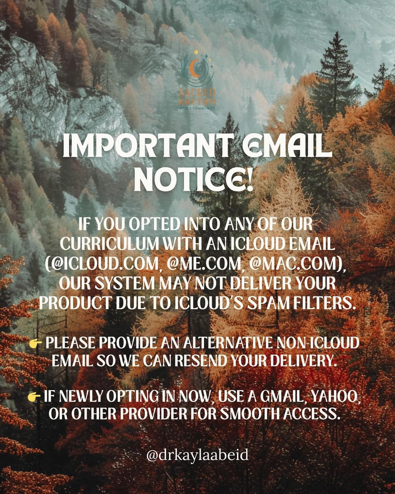 📢 Important Update for Our Sacred Rhythm Starter Kit Families 🌿✨
We’ve discovered that iCloud email addresses (ending in @icloud.com, @me.com, or @mac.com) have been rejecting our product delivery emails due to their strict spam settings.