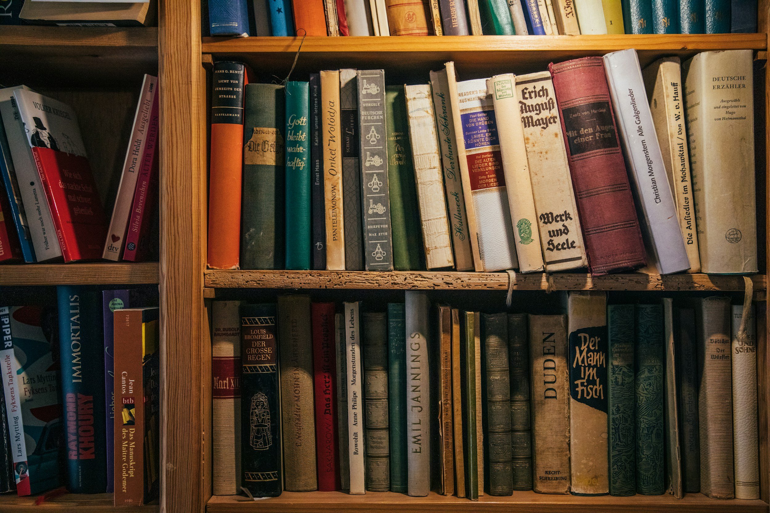 A bookshelf filled with various hardcover and paperback books, some with visible titles in German and English.