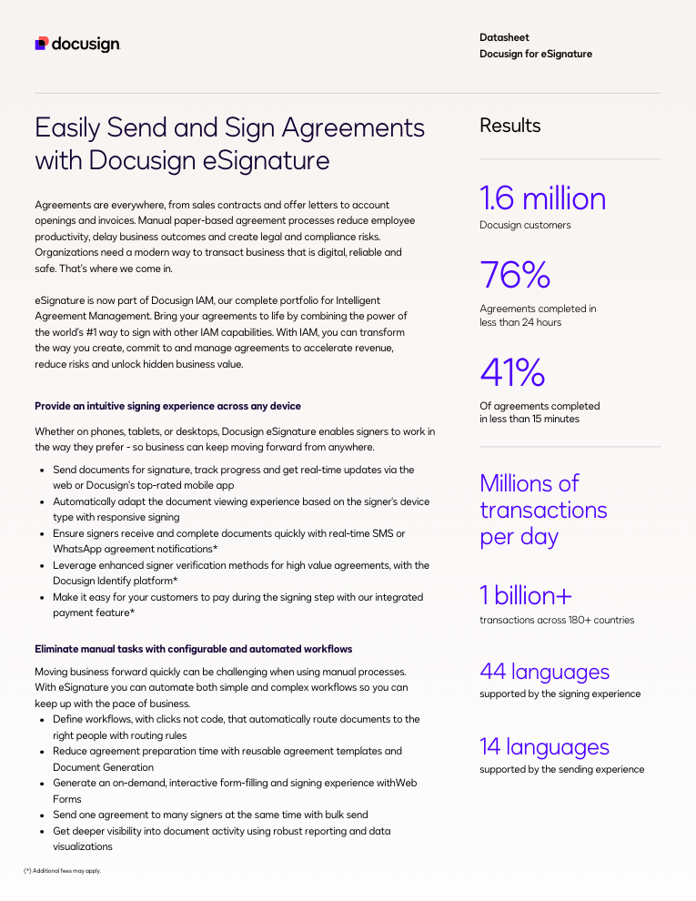 A datasheet titled 'Easily Send and Sign Agreements with DocuSign eSignature,' showing results such as 1.6 million customers, 76% agreements completed in less than 24 hours, 41% agreements in less than 15 minutes, millions of transactions per day, over 1 billion transactions across 180+ countries, 44 supported languages, and 14 languages supported by the signing experience.