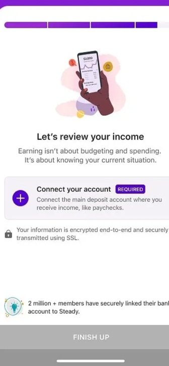 Mobile phone displaying a financial app with a line graph and balance, with text prompting to review income and connect bank account, on a white background.