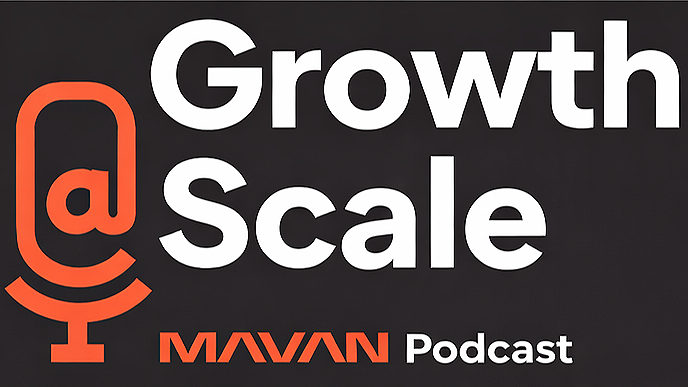 Logo for Growth at Scale podcast by Mavan, featuring a stylized microphone with at sign (@) symbol, on a black background with white and orange text.