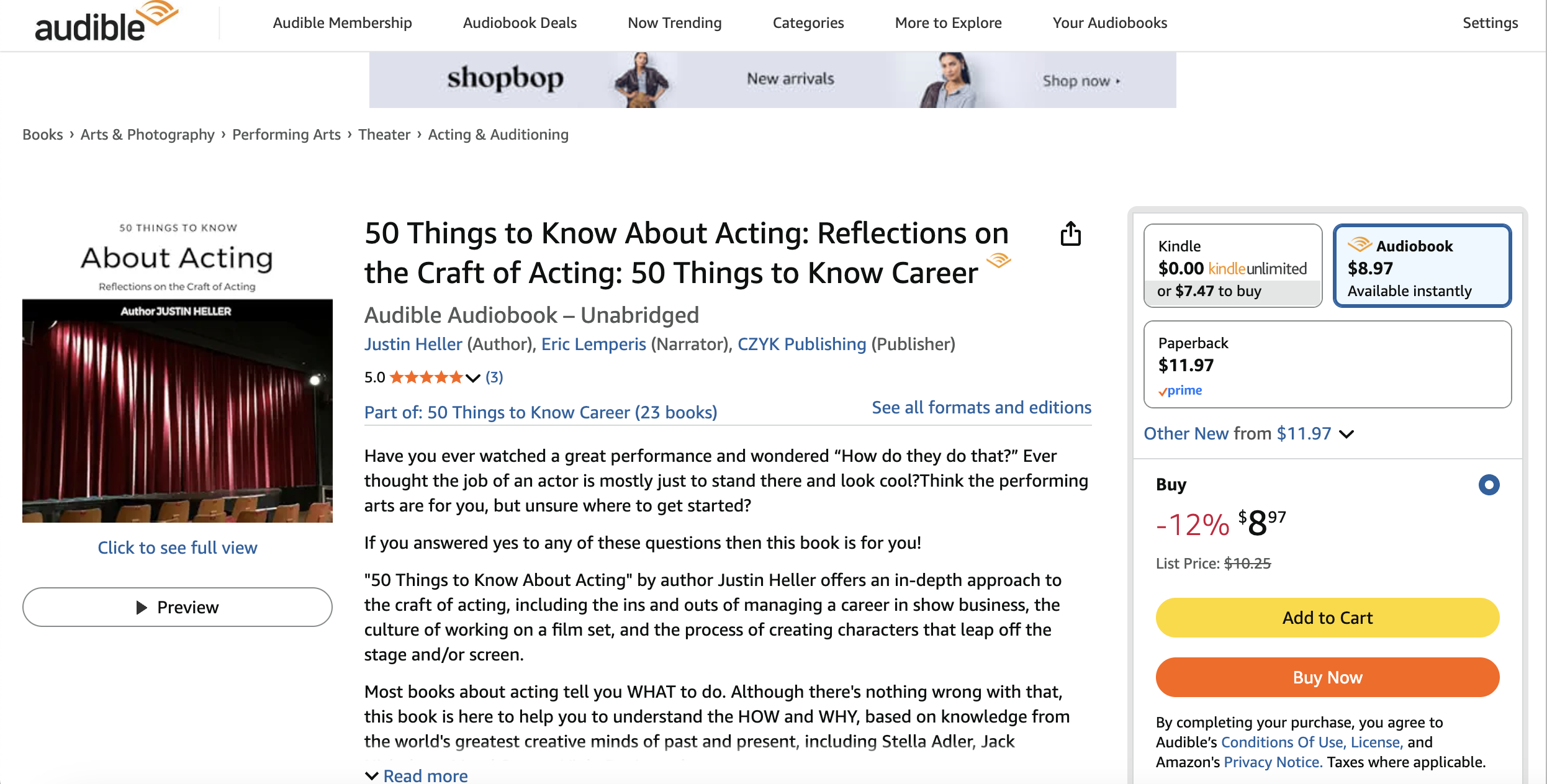 Book listing for '50 Things to Know About Acting: Reflections on the Craft of Acting: 50 Things to Know Career' on Amazon, featuring a book cover image with red curtains and chairs in a theater setting.