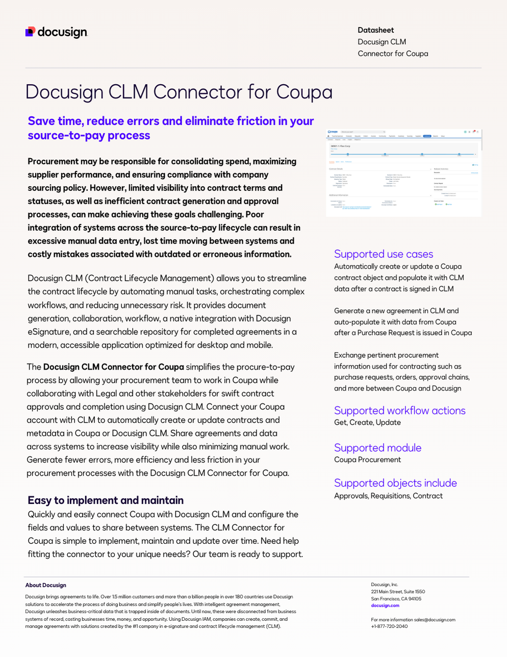 Product datasheet for Docusign CLM Connector for Coupa, including product features, supported use cases, modules, objects, and contact information.