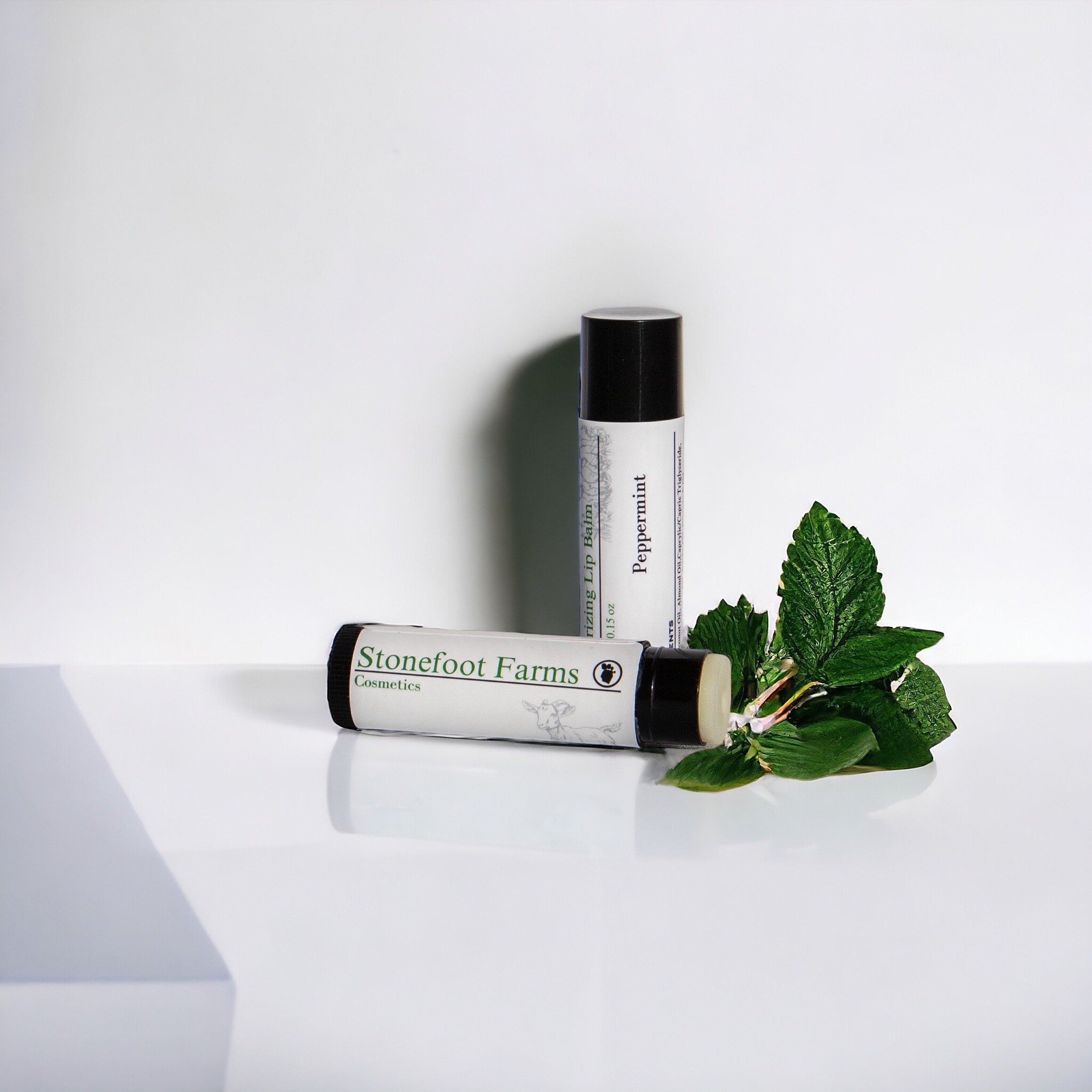 Stonefoot Farms Peppermint lip balm with fresh peppermint leaves, presented on a clean white surface with a soft shadow