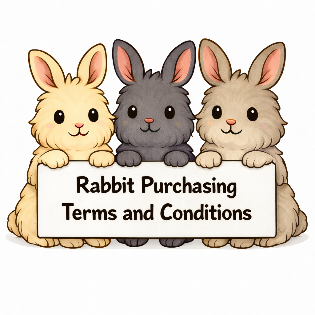 Three cute cartoon rabbits holding a sign that says "Rabbit Purchasing Terms and Conditions."