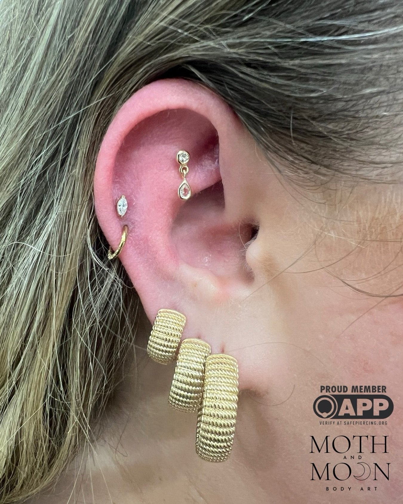 New flat/faux rook style piercing for @samdunford2742 ✨ We removed a rook that was pierced in the wrong spot,  with inappropriate jewelry (not done by me), and we plan to add another one in a couple of months. It&rsquo;s going to look amazing! 😍