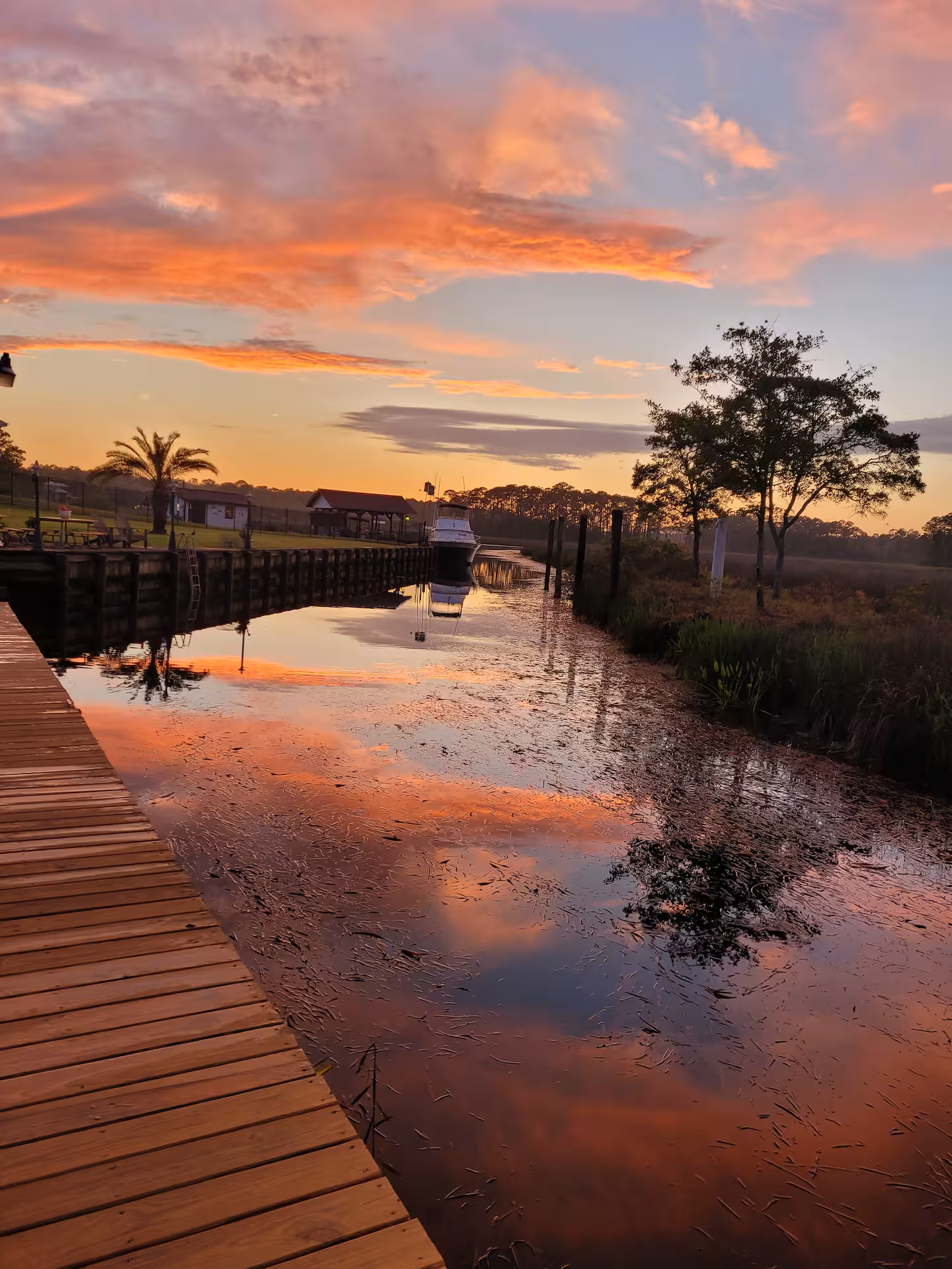 Sunset view from the deck of a waterfront vacation home on the Pascagoula River in Gautier, Mississippi.