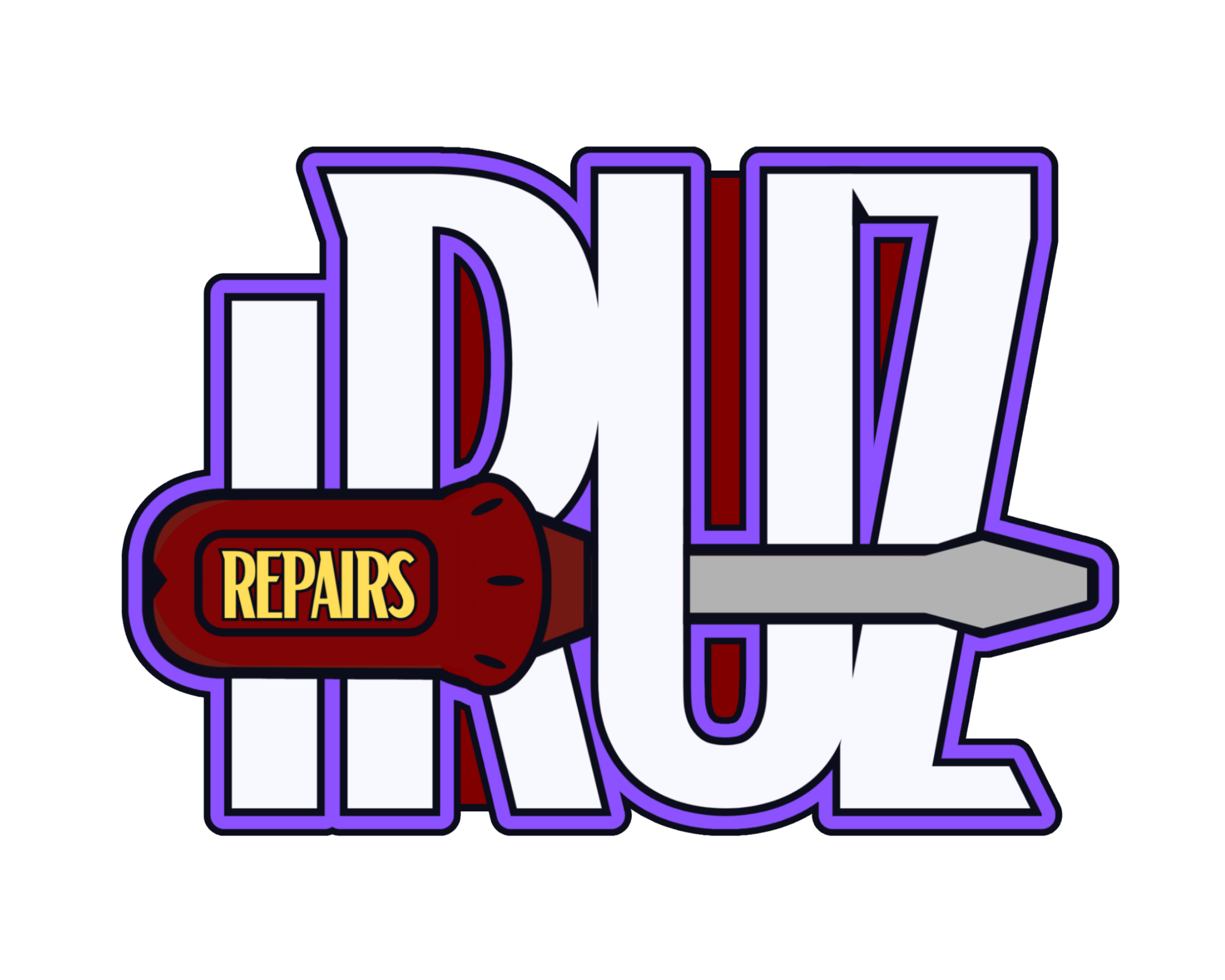 Colorful logo with large white letters outlined in purple that spell 'IRUZ. A red and yellow screw driver with the word 'REPAIRS' is included in the design.