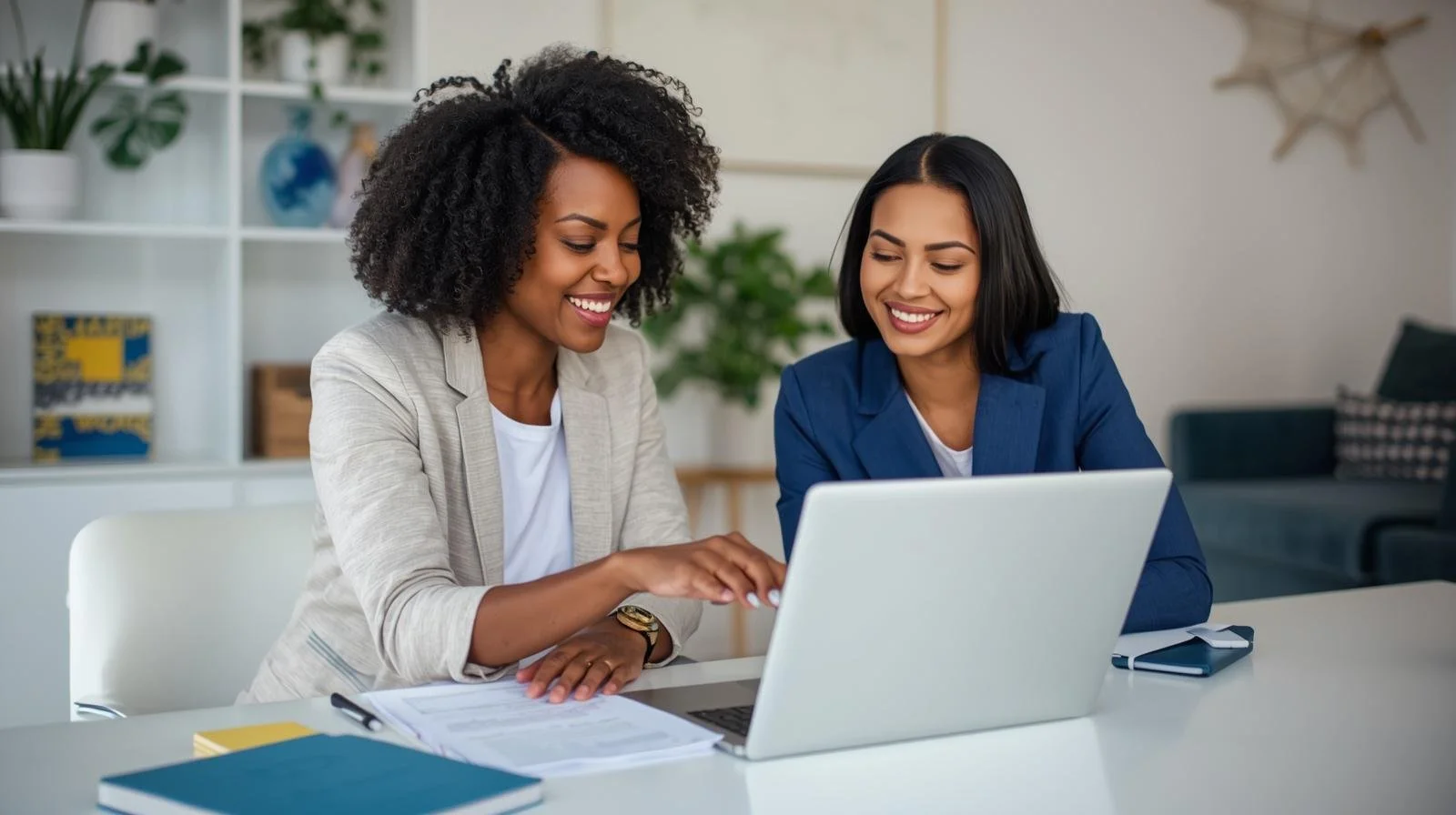 Two women in business attire looking at a laptop and smiling in a modern office.