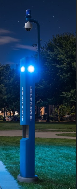 A blue light emergency phone at night on a college campus shining a light for students to find it in an emergency.